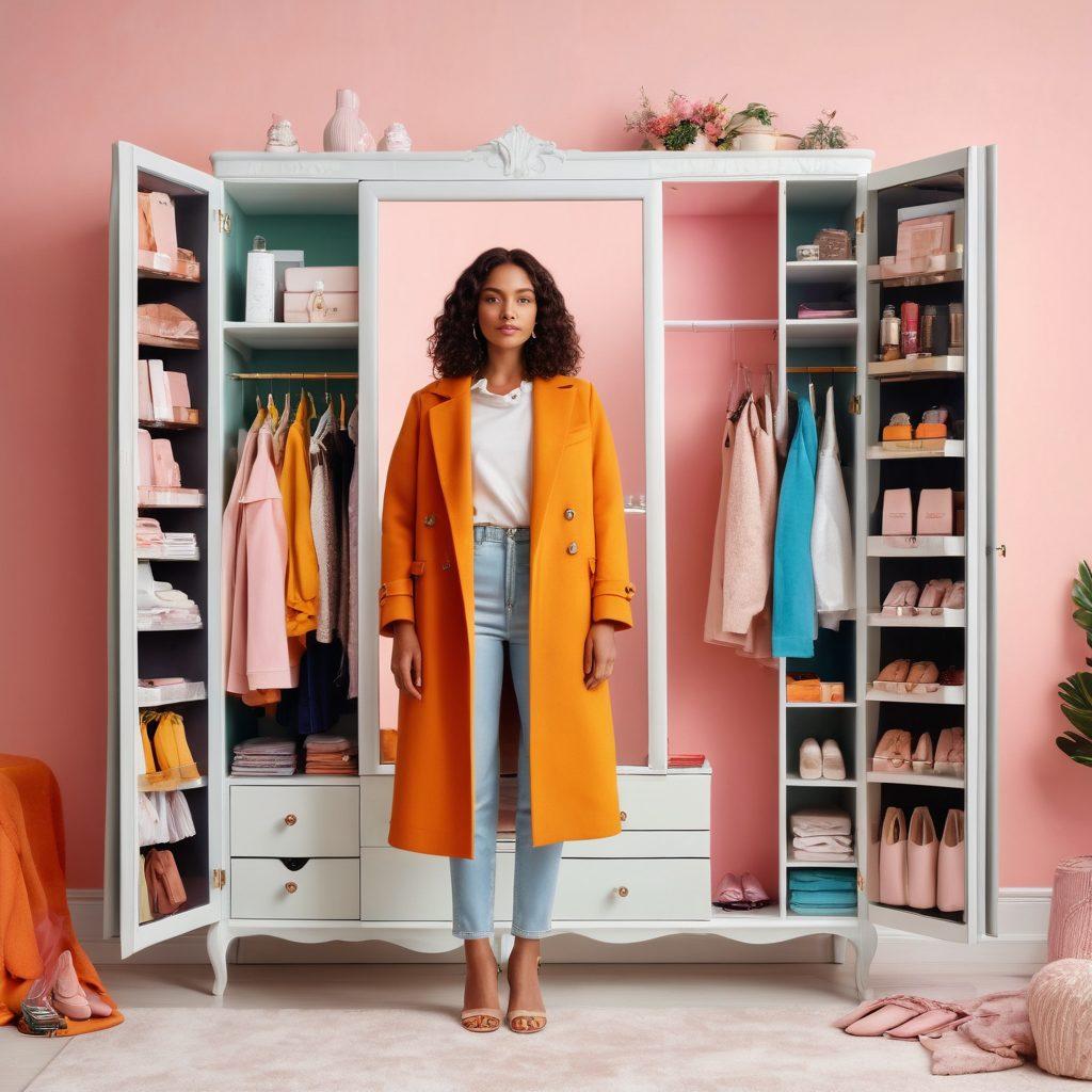 A stylish individual standing in front of a colorful wardrobe filled with diverse clothing options, surrounded by accessories and beauty products. The scene captures different fashion styles for various occasions, with a mirror reflecting the individual's vibrant outfit choices. The background features soft pastel colors, enhancing a warm and inviting atmosphere. super-realistic. vibrant colors. white background.